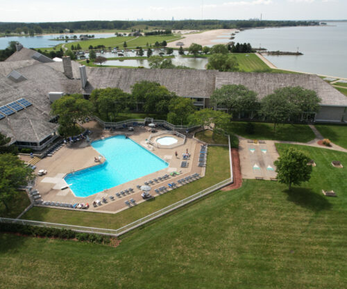 aerial view of the pool and lodge at maumee bay