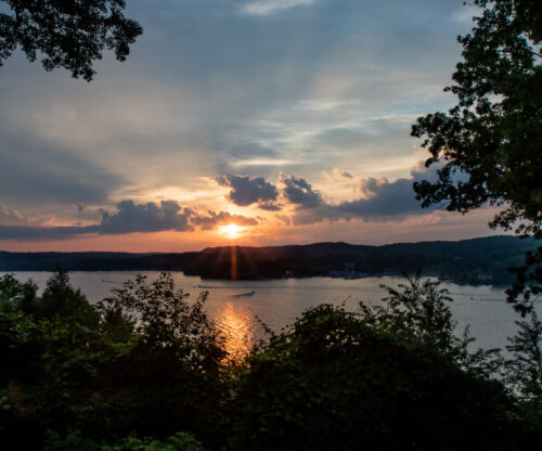 sunset over the lake at the Mohican lodge