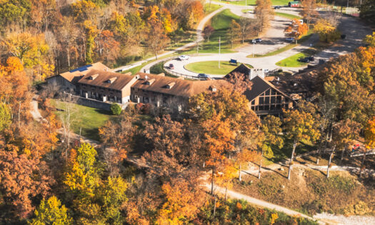 wide drone shot of Burr Oak in fall