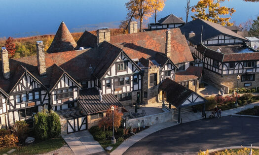 wide drone shot of Punderson Manor